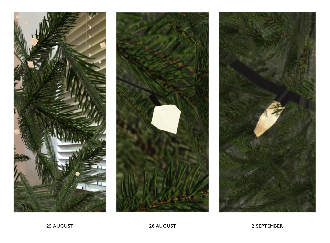 Three dated close-ups of the same Christmas tree model: on 25 August the lights are unattached cubes floating in the branches, on 28 August a low-polygon white blob hangs from a wire, and on 2 September it is a correctly shaped warm bulb.
